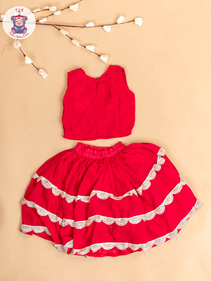 Red - Girls Embroidery Printed Lehenga Choli
