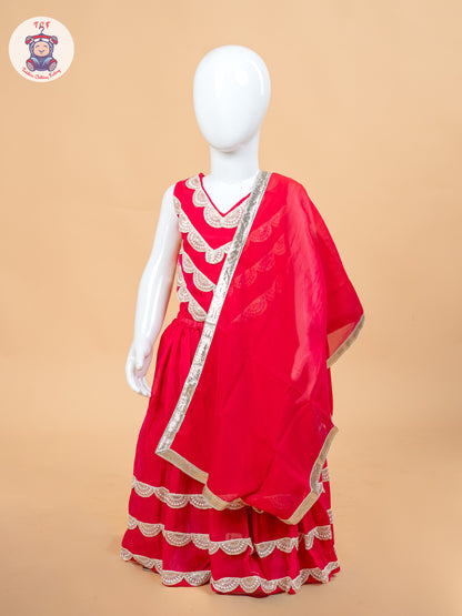 Red - Girls Embroidery Printed Lehenga Choli