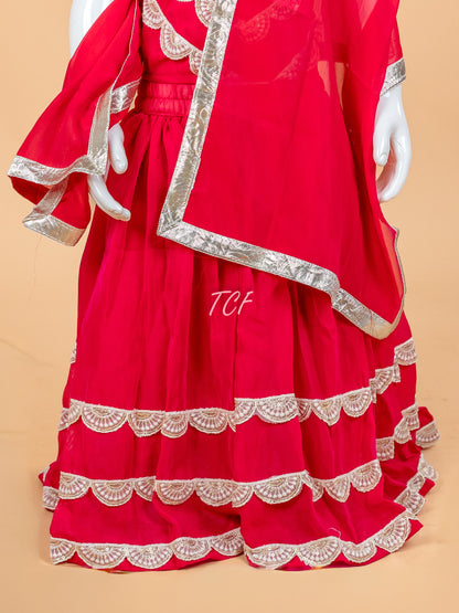 Red - Girls Embroidery Printed Lehenga Choli