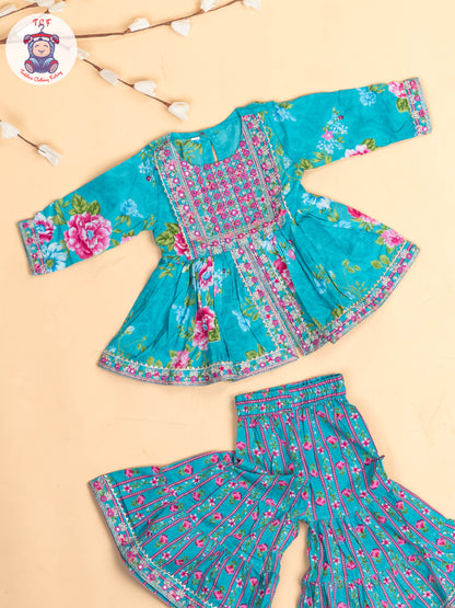 Green - Girls Embroidery Printed Salwar