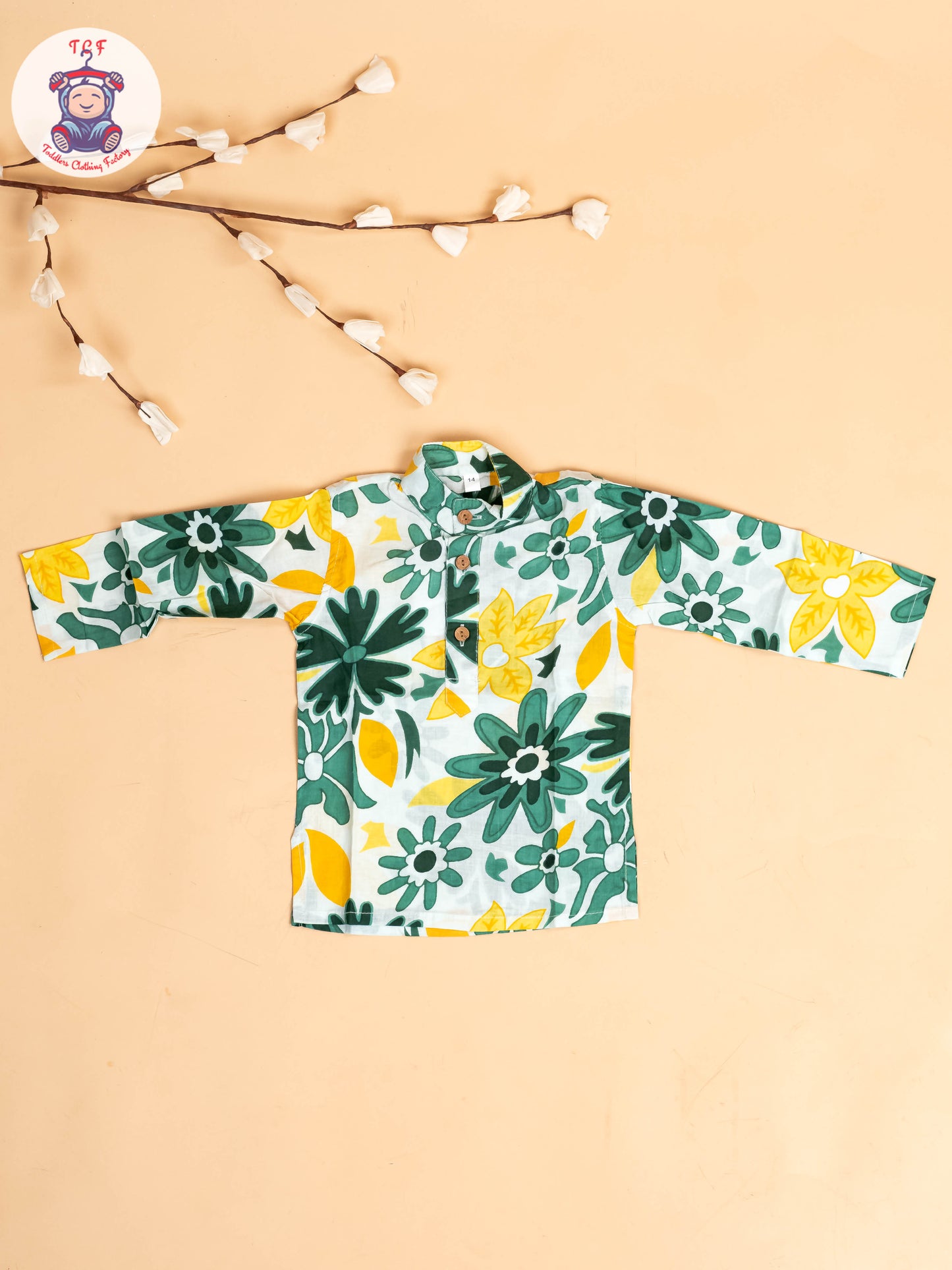 Green & White - Boys Floral Printed Kurta With Pant