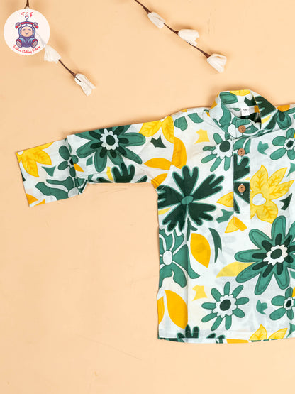 Green & White - Boys Floral Printed Kurta With Pant