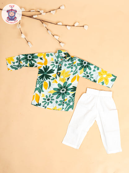 Green & White - Boys Floral Printed Kurta With Pant