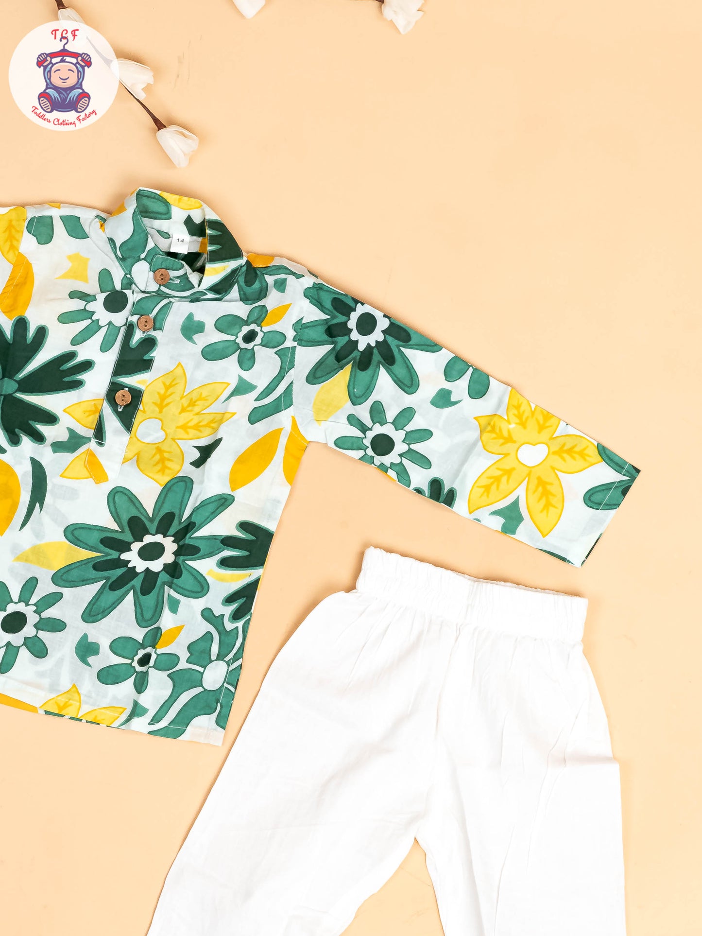 Green & White - Boys Floral Printed Kurta With Pant