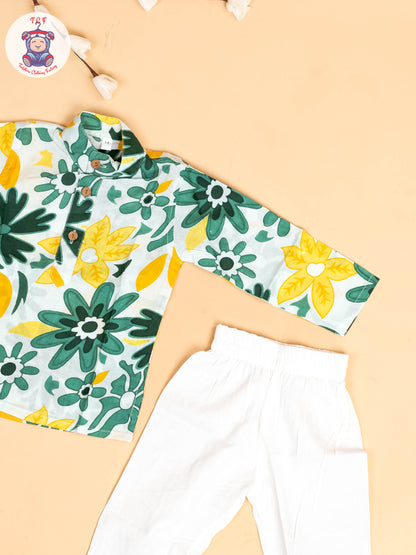 Green & White - Boys Floral Printed Kurta With Pant