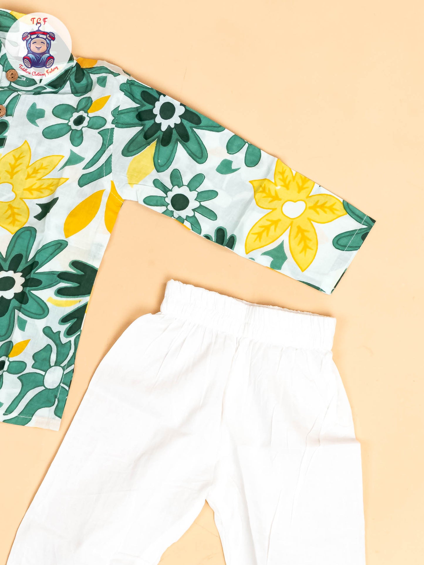 Green & White - Boys Floral Printed Kurta With Pant