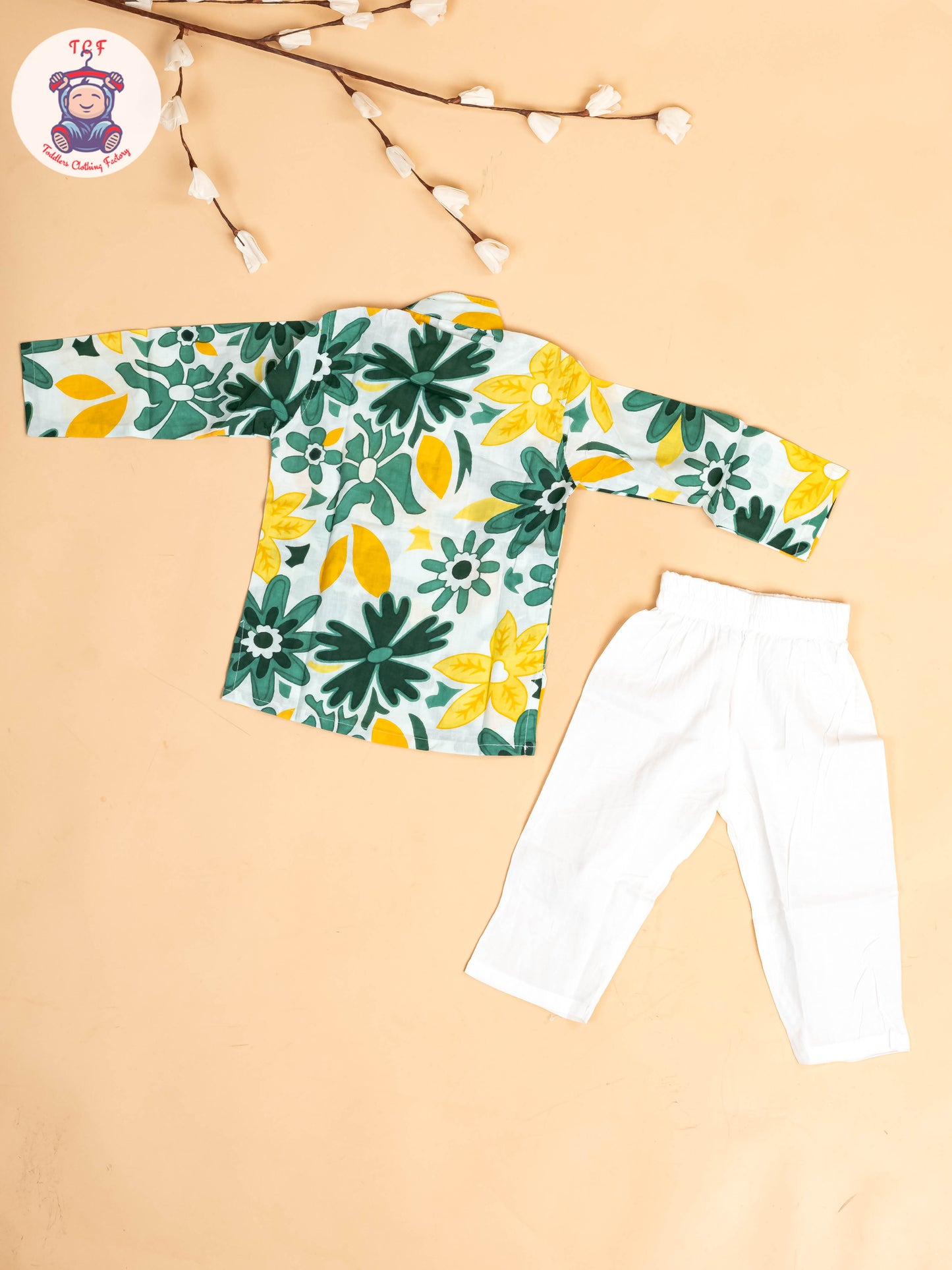 Green & White - Boys Floral Printed Kurta With Pant