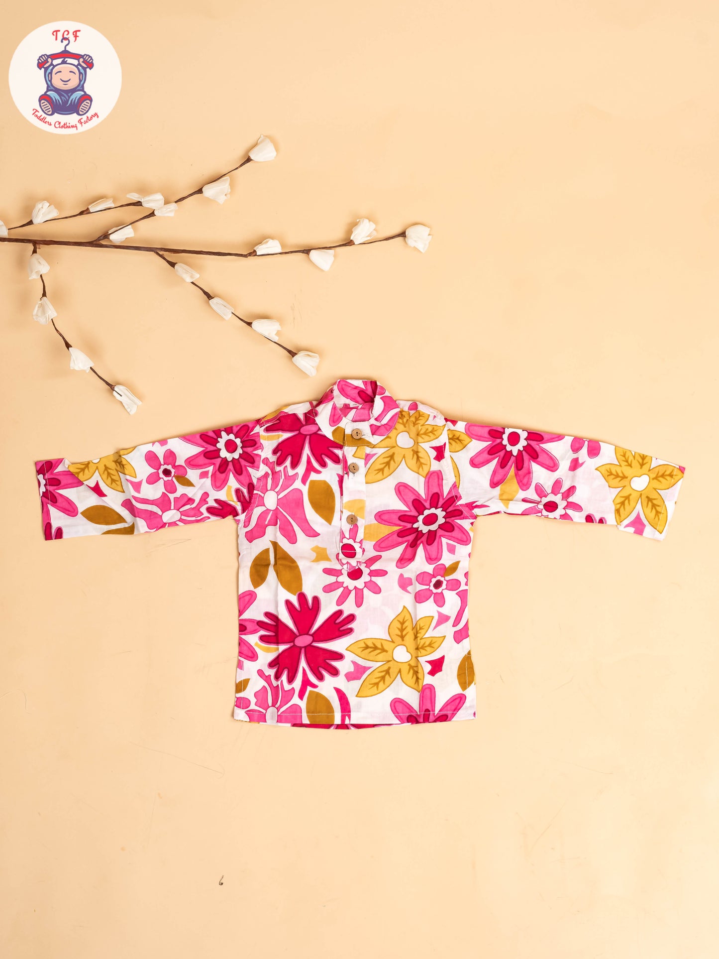 Pink & White - Boys Floral Printed Kurta With Pant