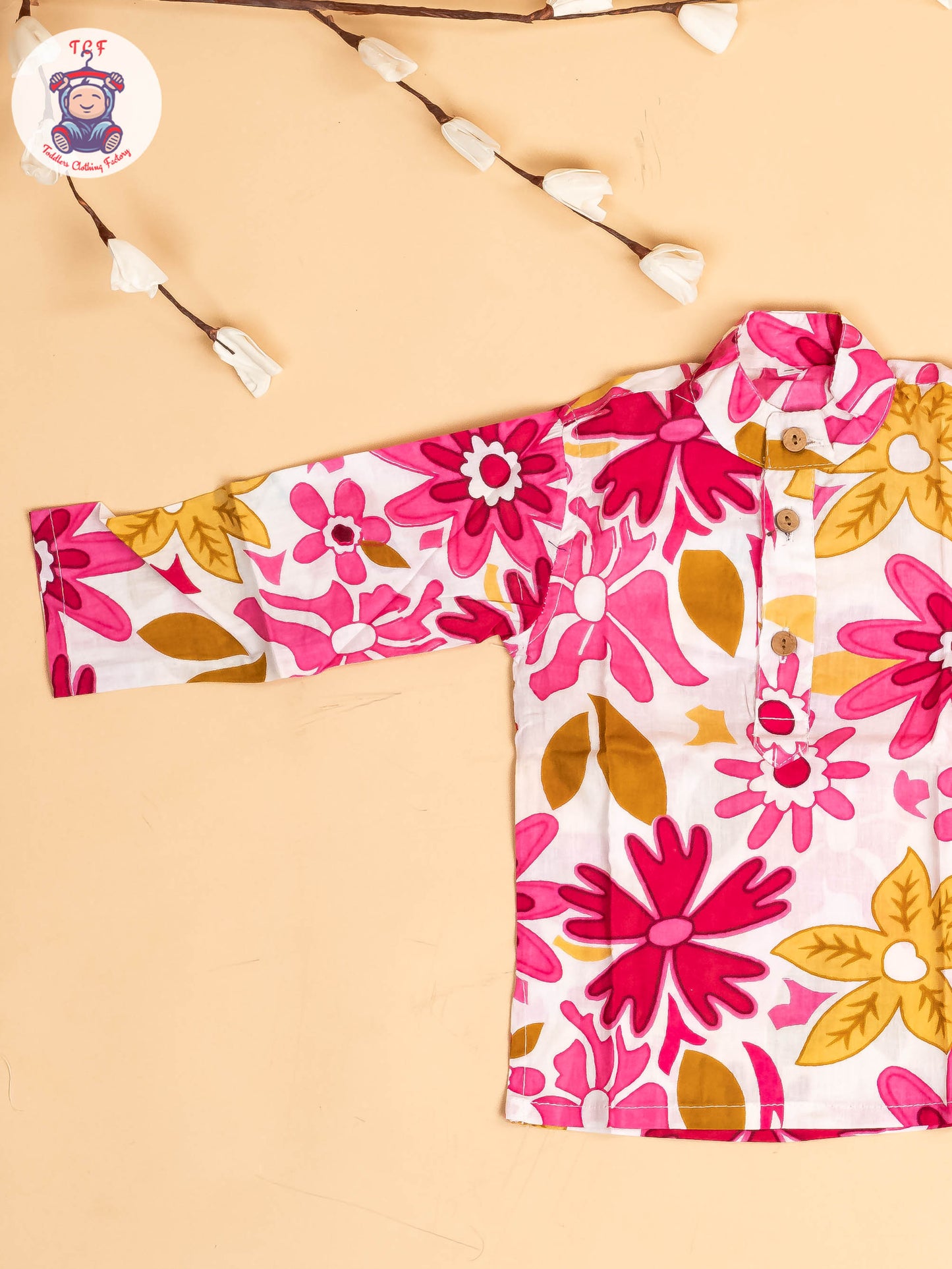 Pink & White - Boys Floral Printed Kurta With Pant