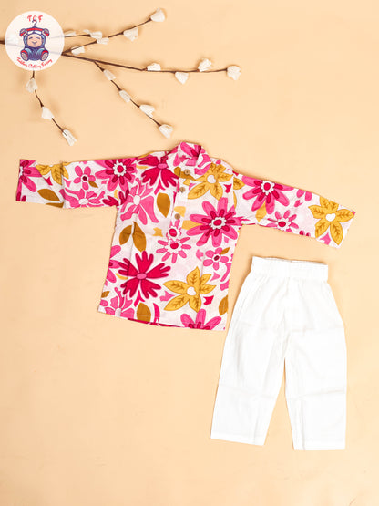 Pink & White - Boys Floral Printed Kurta With Pant