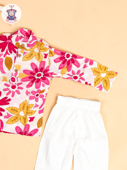 Pink & White - Boys Floral Printed Kurta With Pant