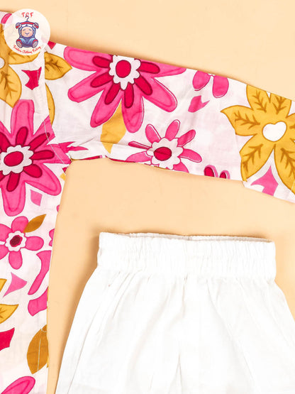 Pink & White - Boys Floral Printed Kurta With Pant