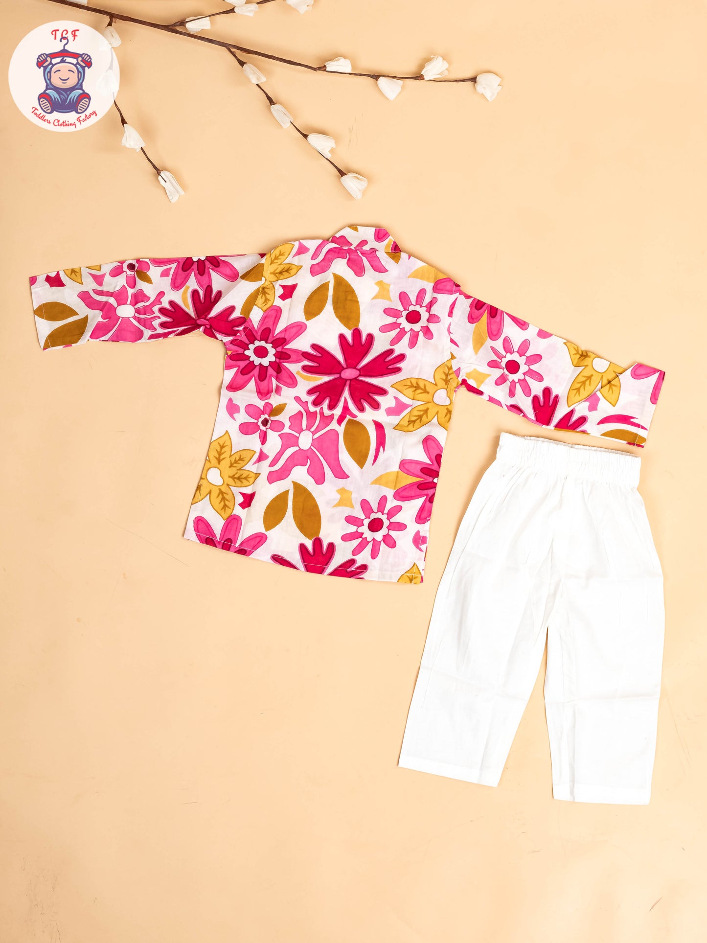 Pink & White - Boys Floral Printed Kurta With Pant
