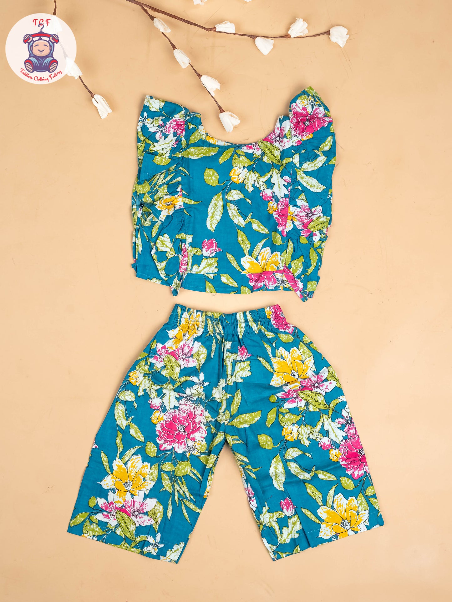 Teal Green - Girls Floral Printed Co-ords Sets