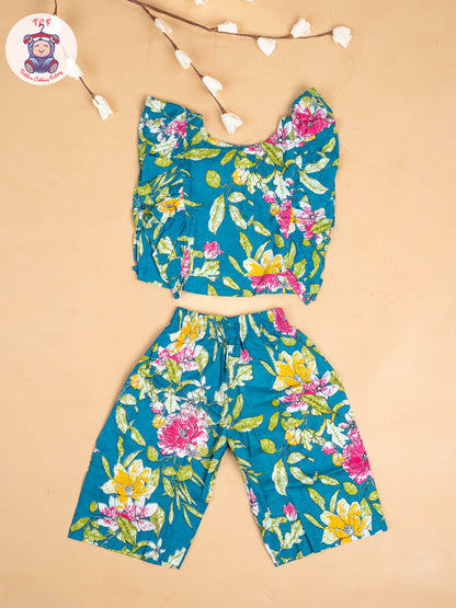 Teal Green - Girls Floral Printed Co-ords Sets