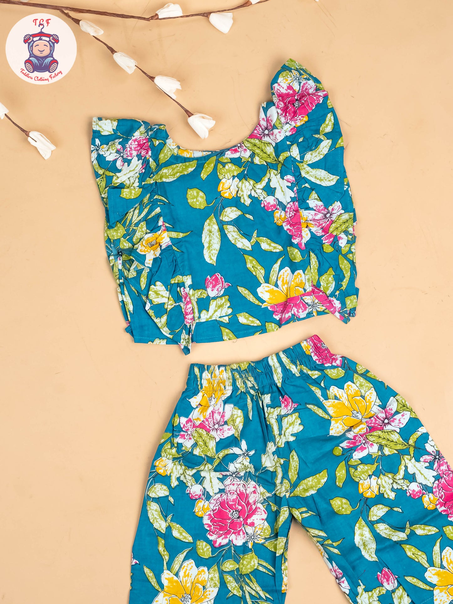 Teal Green - Girls Floral Printed Co-ords Sets