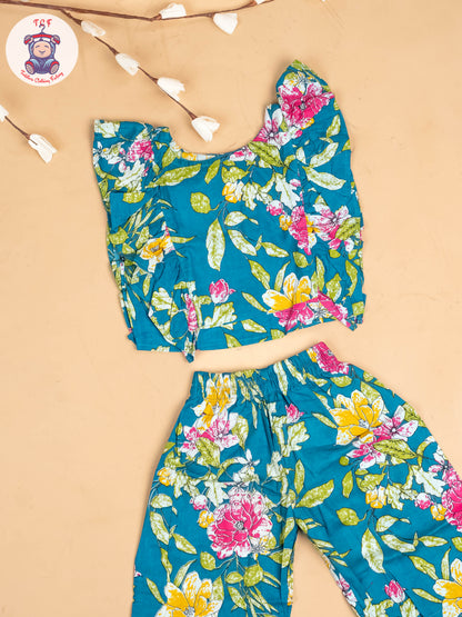 Teal Green - Girls Floral Printed Co-ords Sets