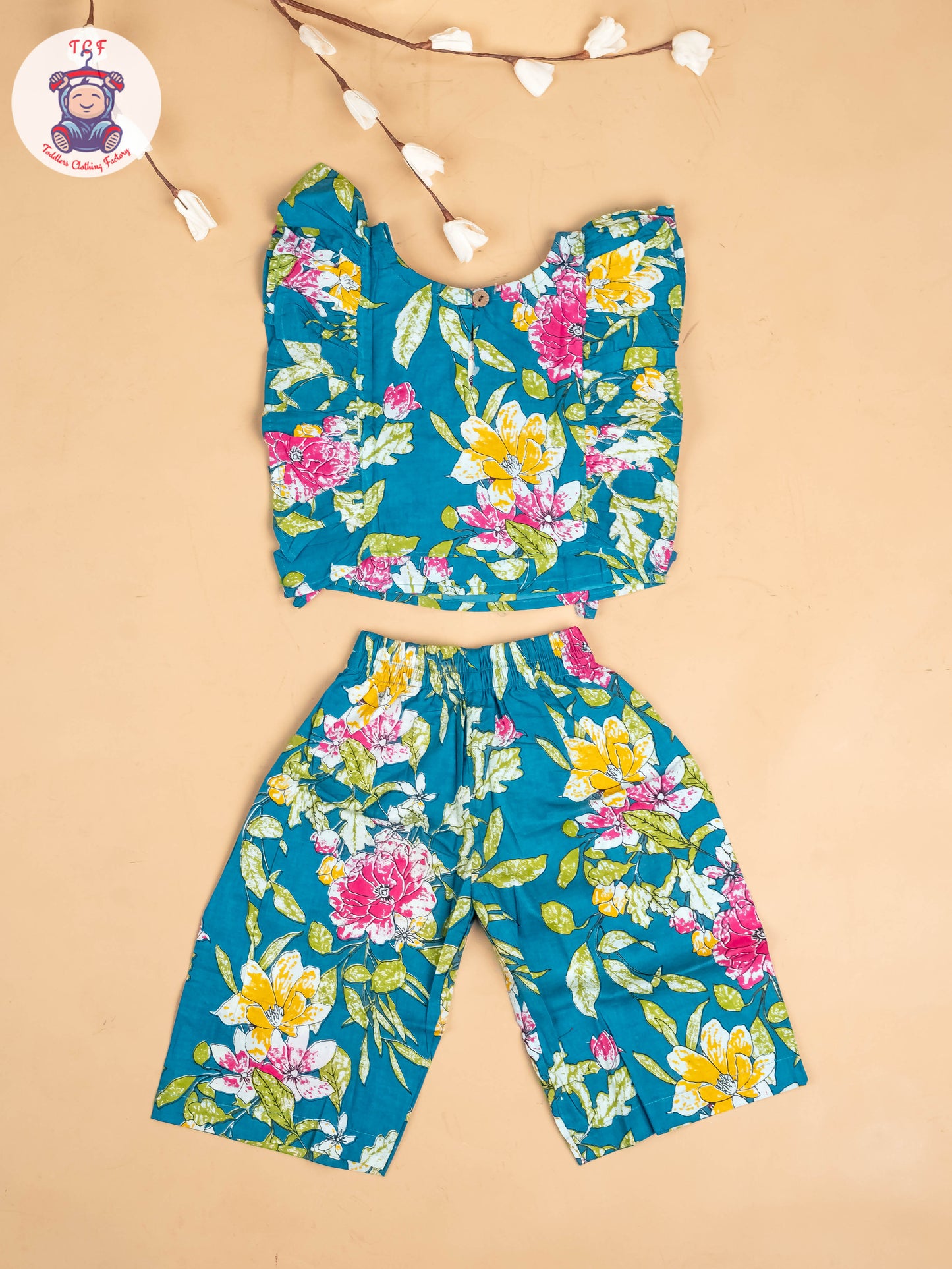 Teal Green - Girls Floral Printed Co-ords Sets