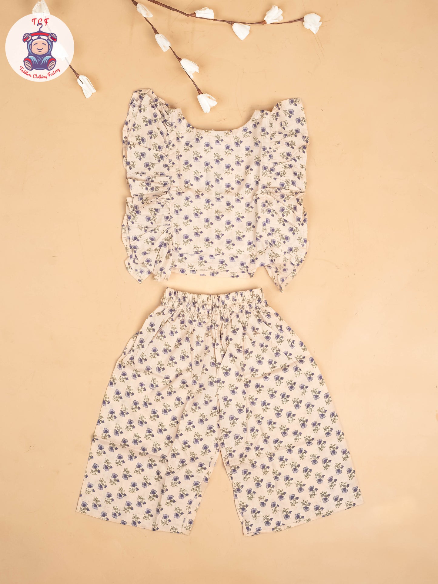 Cream - Girls Floral Printed Co-ords Sets
