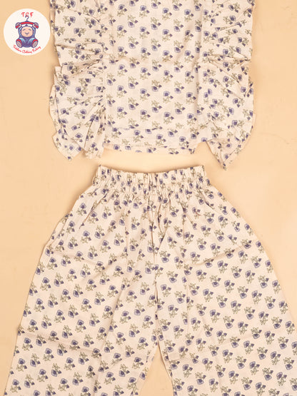 Cream - Girls Floral Printed Co-ords Sets