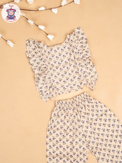 Cream - Girls Floral Printed Co-ords Sets