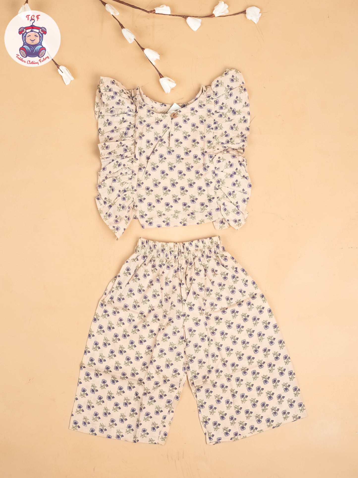 Cream - Girls Floral Printed Co-ords Sets