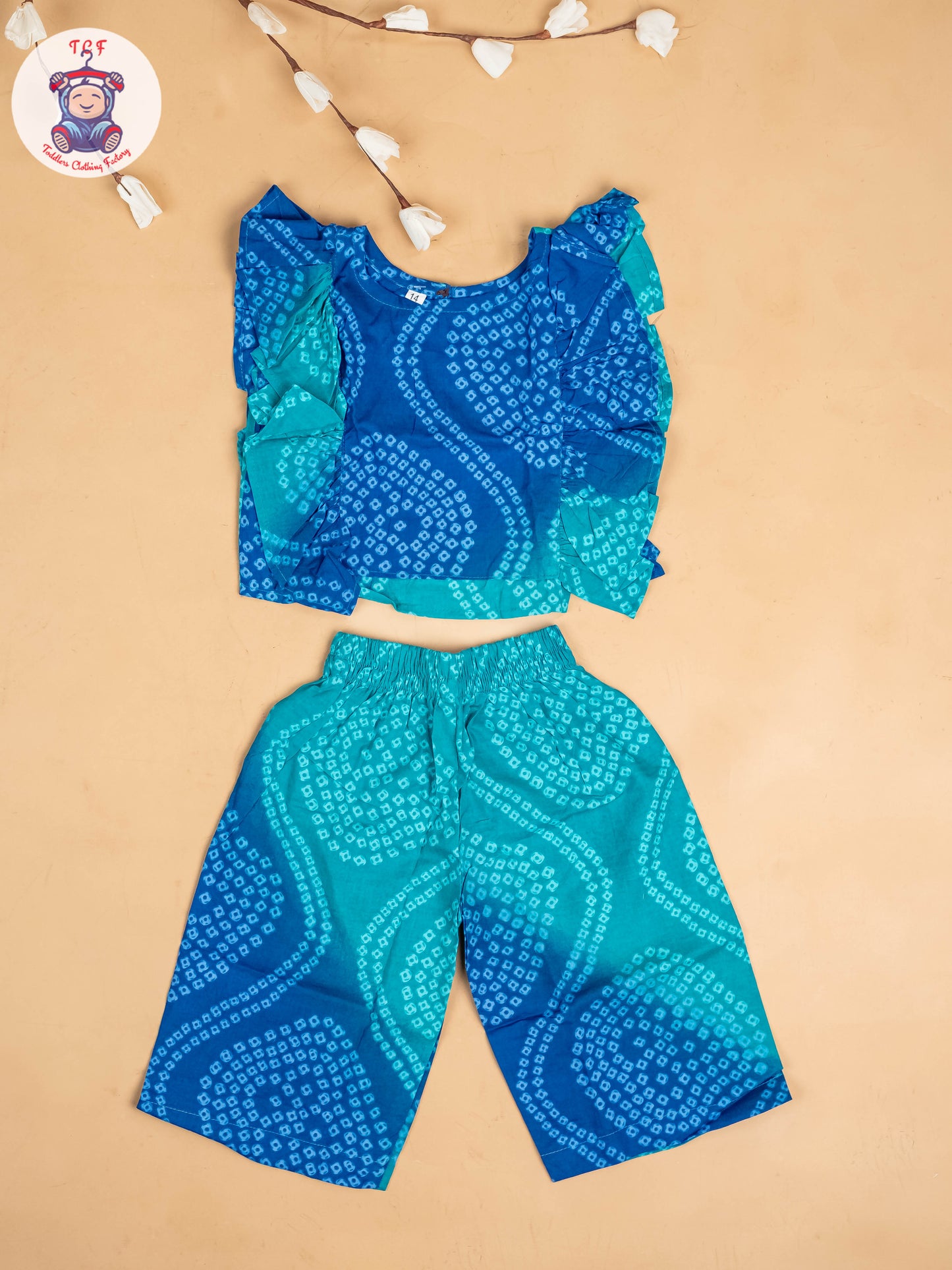 Light Green & Blue - Girls Bandhini Printed Co-ords Sets