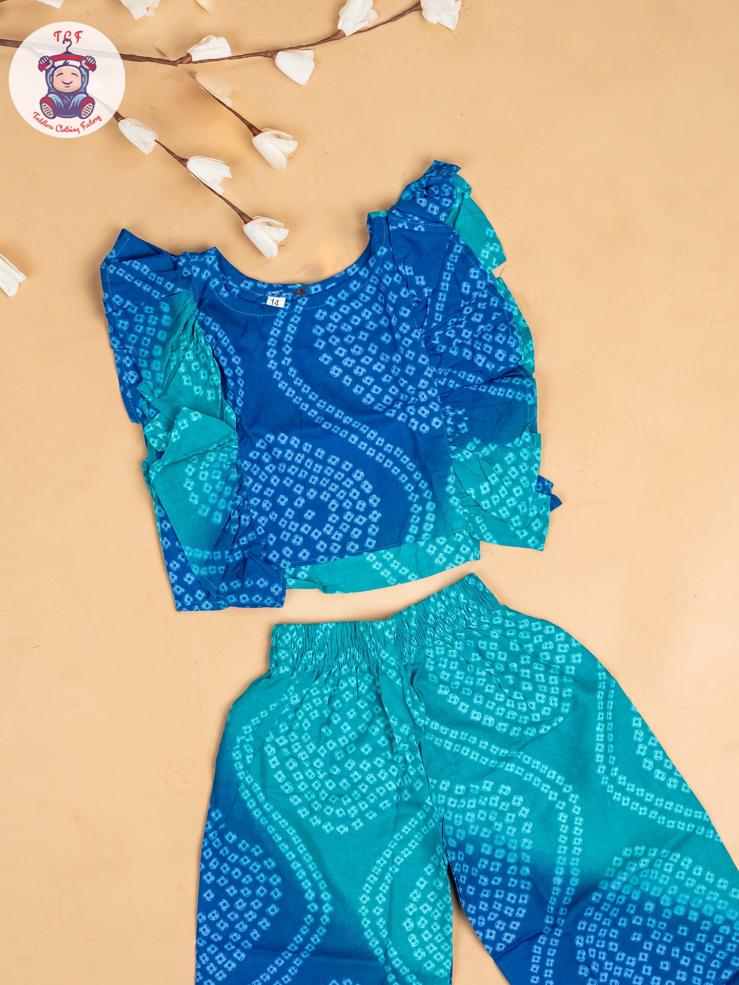 Light Green & Blue - Girls Bandhini Printed Co-ords Sets