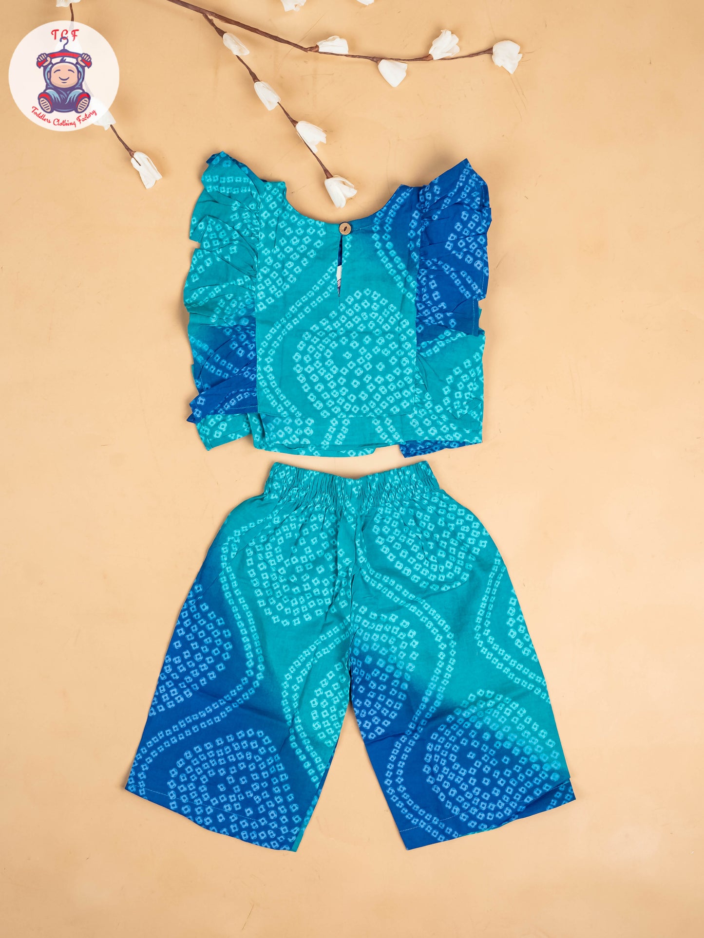 Light Green & Blue - Girls Bandhini Printed Co-ords Sets