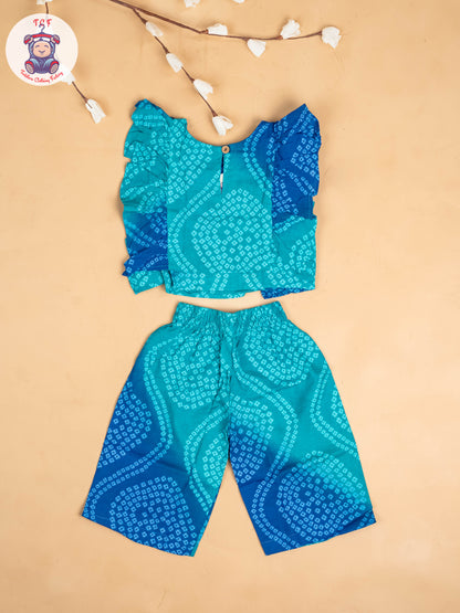 Light Green & Blue - Girls Bandhini Printed Co-ords Sets