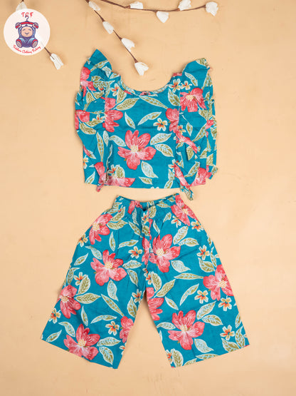 Light Blue - Girls Floral Printed Co-ords Sets