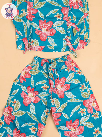 Light Blue - Girls Floral Printed Co-ords Sets
