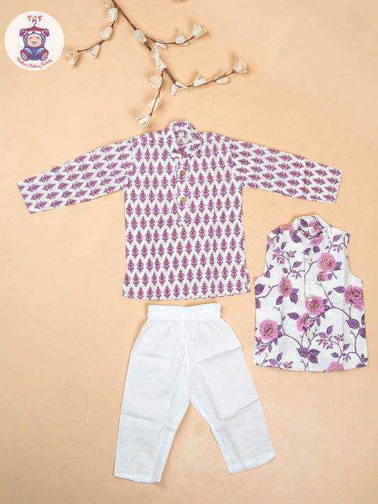 Lavender - Boys Floral Printed Kurta With Pant