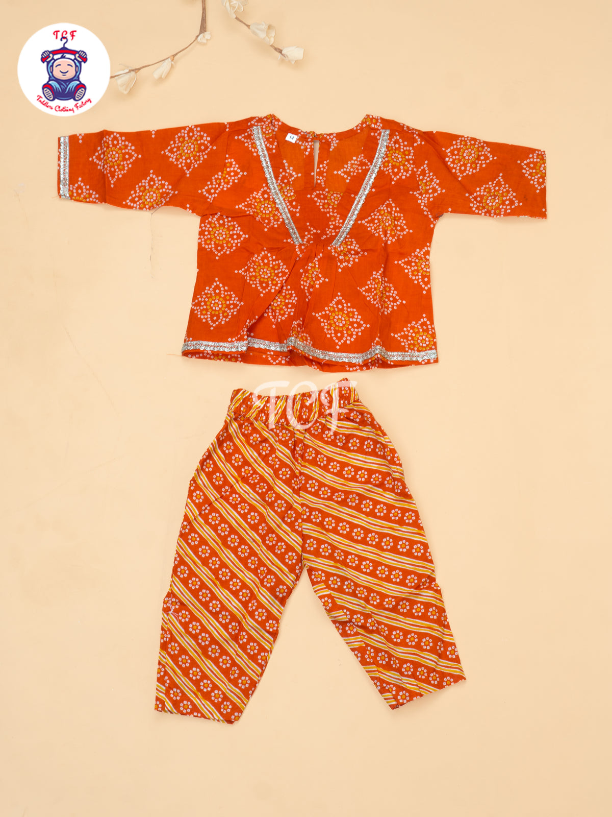 Orange - Bandhini Printed Girls Readymade A Line Salwar