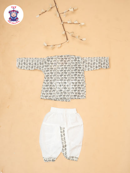 Grey - Camel Printed Boys Dhoti Kurta