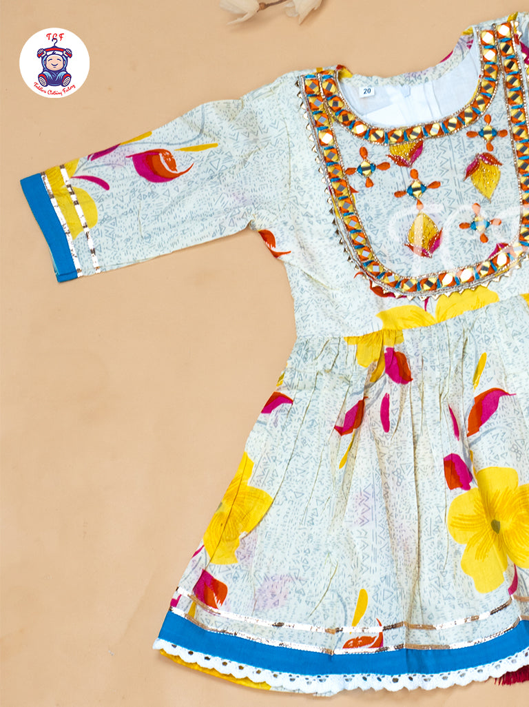 White & Yellow - Girls Embrodiery Bandhej Lehariya Salwar
