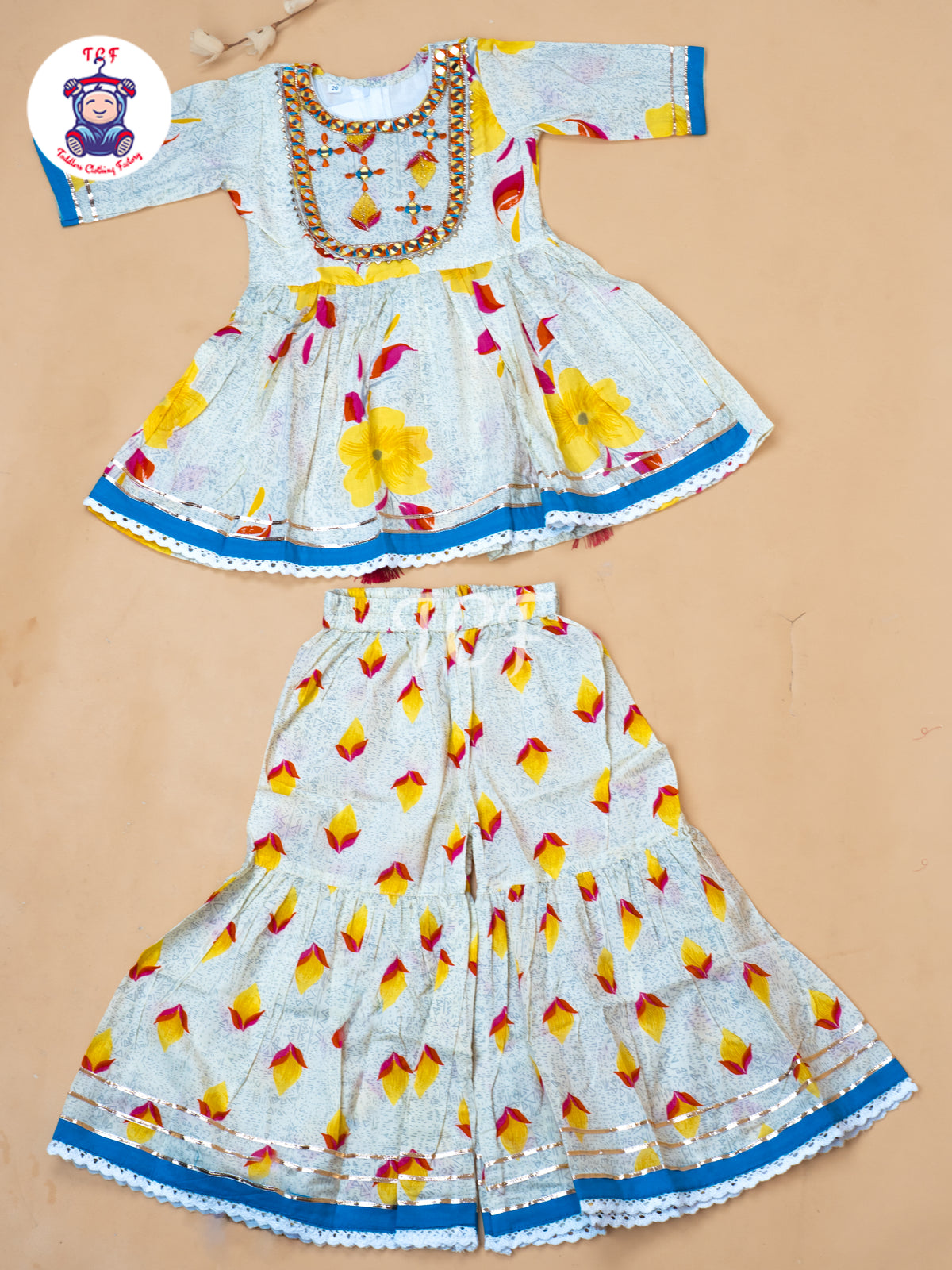 White & Yellow - Girls Embrodiery Bandhej Lehariya Salwar