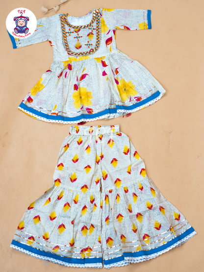 White & Yellow - Girls Embrodiery Bandhej Lehariya Salwar