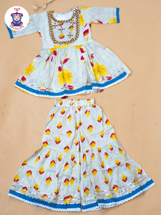 White & Yellow - Girls Embrodiery Bandhej Lehariya Salwar