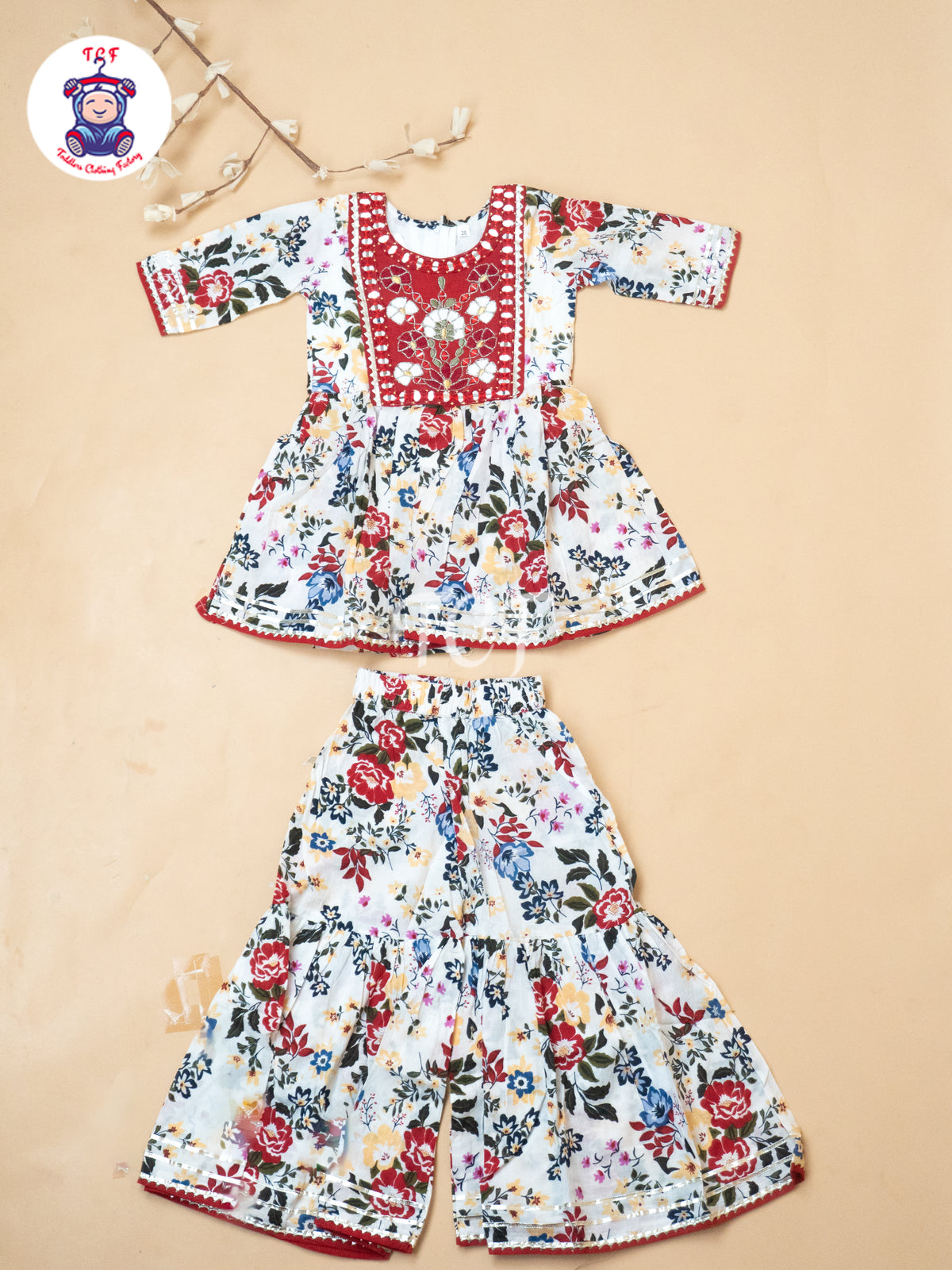 White & Red - Girls Embrodiery Bandhej Lehariya Salwar