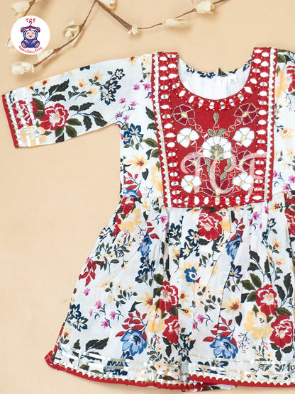 White & Red - Girls Embrodiery Bandhej Lehariya Salwar