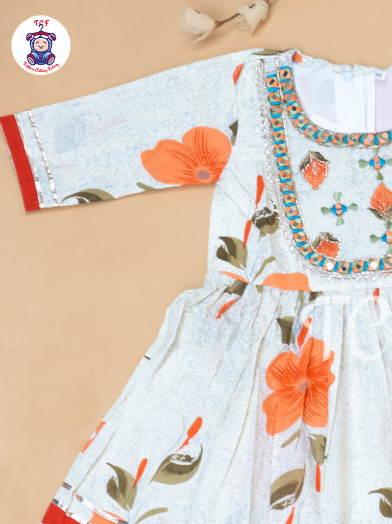 White & Orange - Girls Embrodiery Bandhej Lehariya Salwar