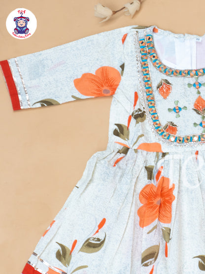 White & Orange - Girls Embrodiery Bandhej Lehariya Salwar
