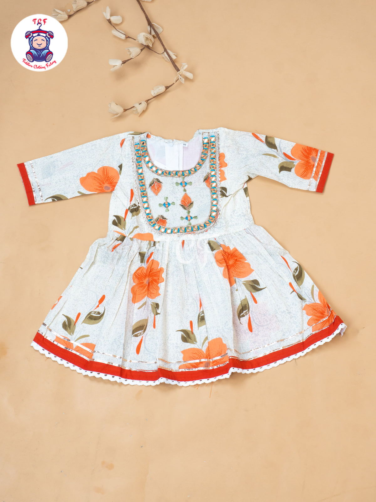 White & Orange - Girls Embrodiery Bandhej Lehariya Salwar