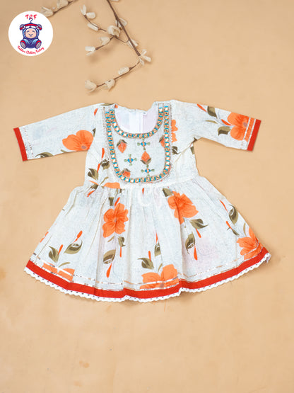 White & Orange - Girls Embrodiery Bandhej Lehariya Salwar