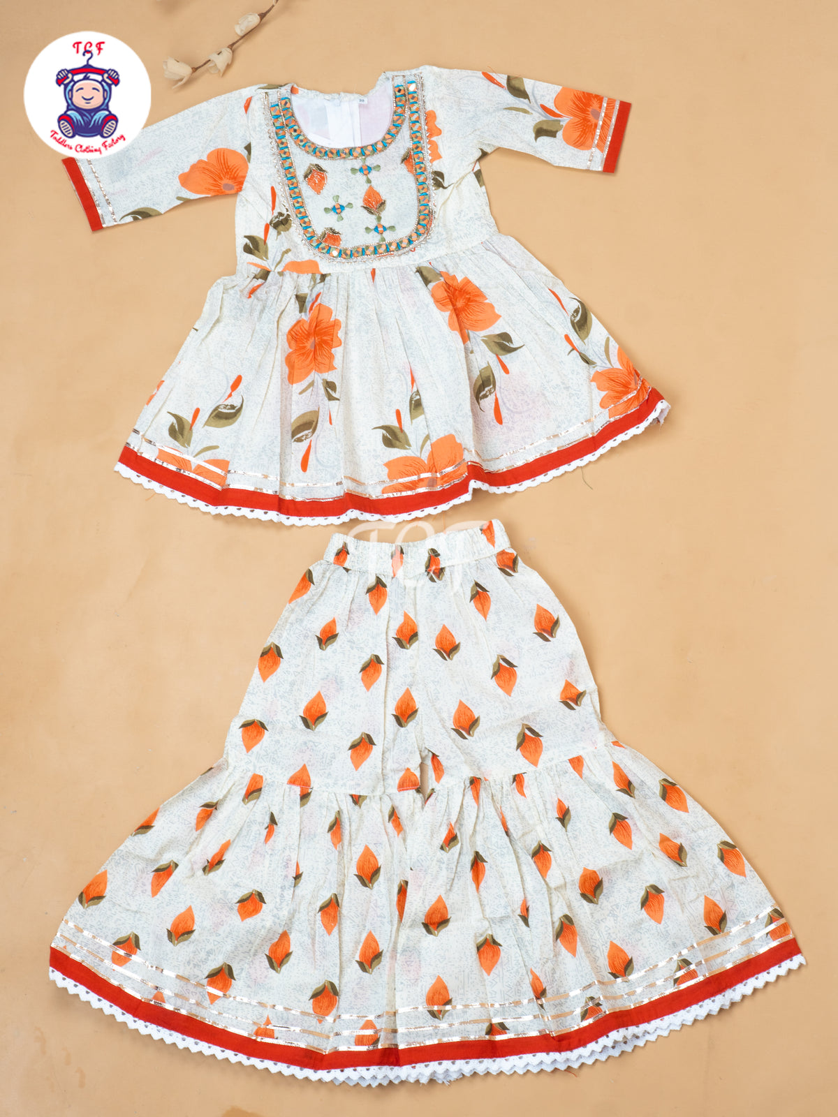 White & Orange - Girls Embrodiery Bandhej Lehariya Salwar