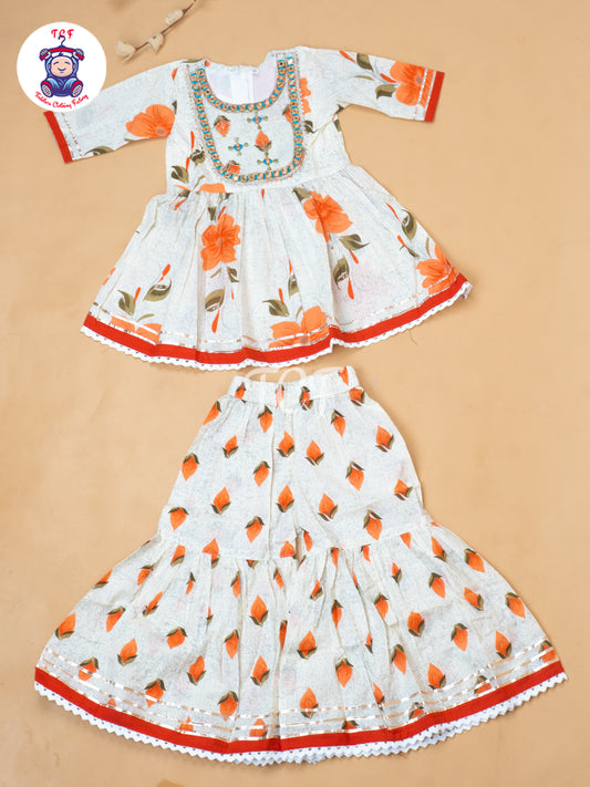 White & Orange - Girls Embrodiery Bandhej Lehariya Salwar