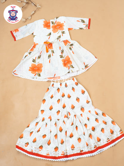 White & Orange - Girls Embrodiery Bandhej Lehariya Salwar