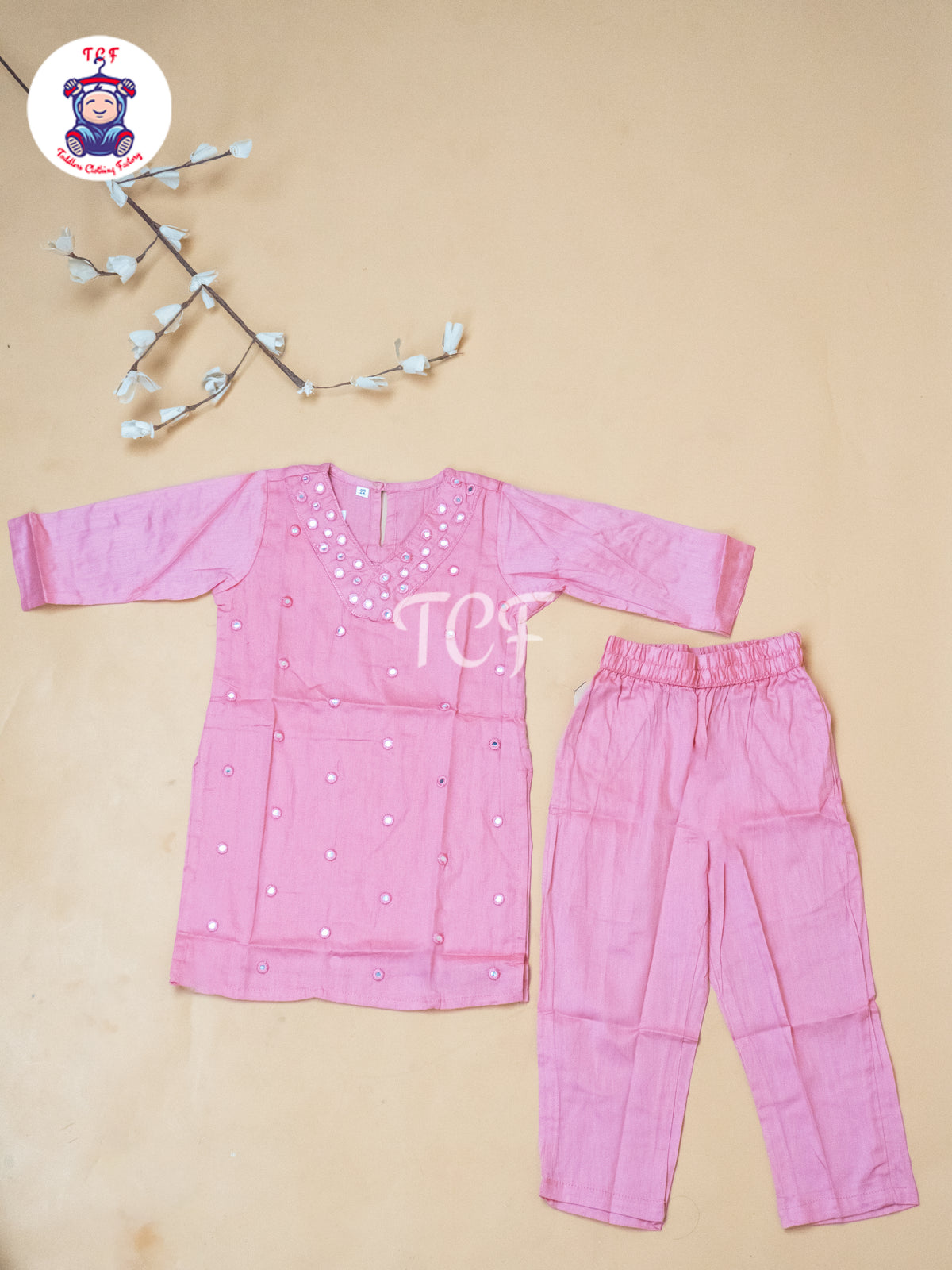 Peach - Girls Mirror Embrodiery Co-ords Sets