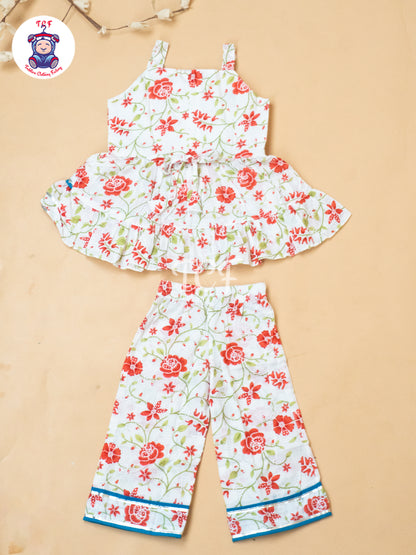White & Red - Girls Embrodiery Flower Readymade Salwar